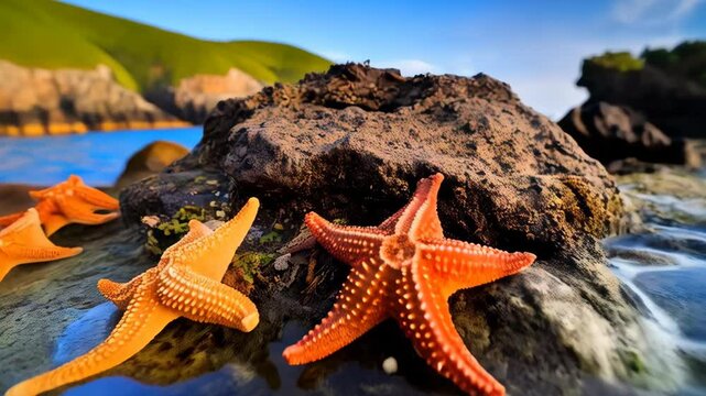 A Group of Starfish Resting in a Shallow Tide Pool on a Rocky Shoreline at Sunset under a Cloudy Blue Sky