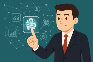 Biometric security concept. Businessman touching fingerprint scanner for authentication. Digital identity verification. Cybersecurity and data protection. Secure network access. Fintech.