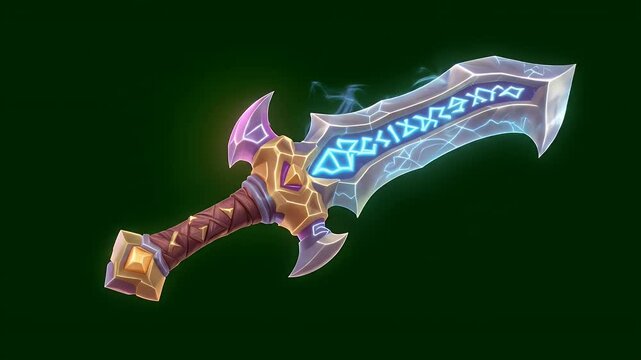 Glowing Magical Sword with Blue Runes Isolated on Green Screen 3D Render Front View Ideal for Fantasy Gaming Assets and Visual Effects