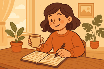 Woman writing in journal with coffee, planning her day. Cozy morning routine at home desk. Lifestyle illustration of daily schedule organization and productivity concept vector.
