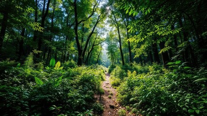 Obraz premium Sunlit Forest Path - Lush Green Trail