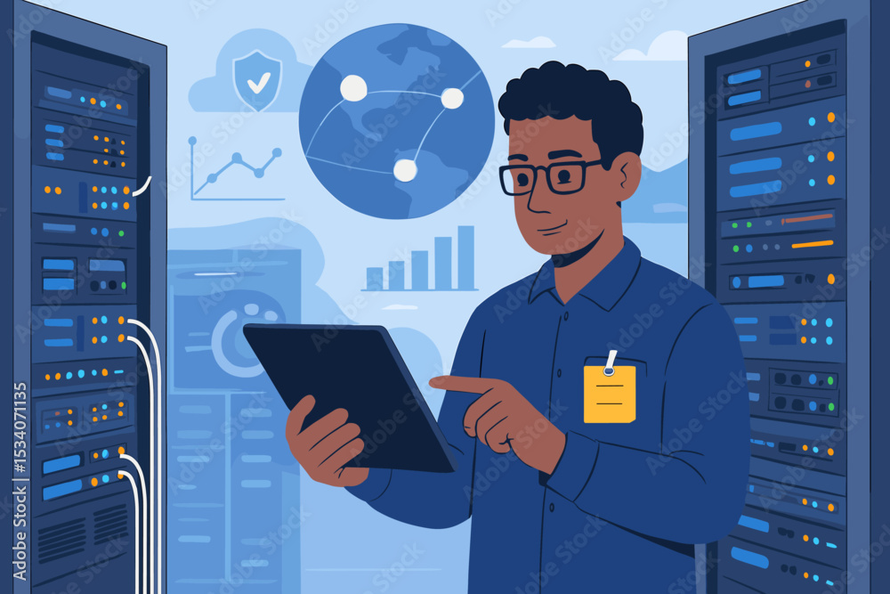 Poster it specialist managing server rack in data center with tablet. network engineer monitoring cloud com