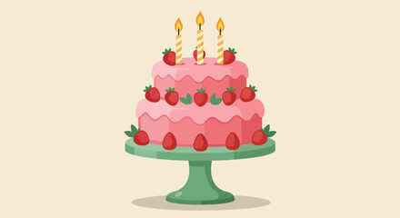 Two-tier birthday cake with pink icing, red strawberries, and lit candles on green stand