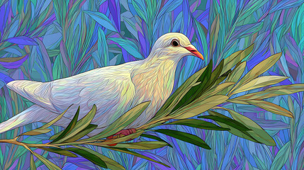 A serene white dove perched on an olive branch amidst vibrant, colorful foliage