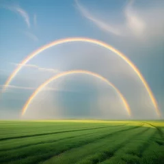 A rainbow arched gracefully across the sky, painting a vivid spectrum above the wide, flat expanse of green ground. The grassy field stretched endlessly, like a soft carpet laid beneath the heaven