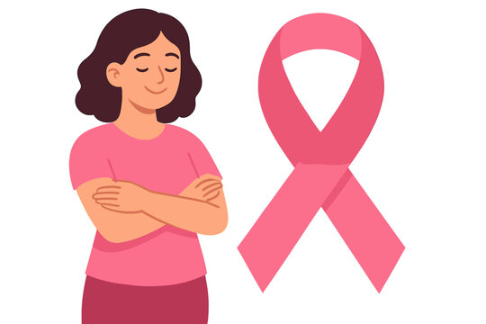 Breast cancer awareness month concept. Woman with pink ribbon symbol of hope and support. Female health care and medical campaign illustration for charity and survivor empowerment.
