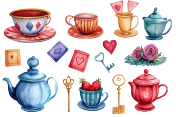 Colorful watercolor elements inspired by a whimsical tea party featuring unique tea sets, playing cards, and enchanting symbols from a fantasy world