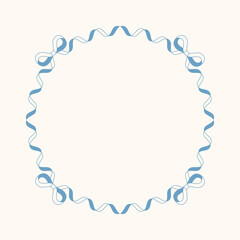 Round frame made of thin blue and white curly ribbon with small bows. Soft and elegant border for baby shower cards, invitations, labels, and cute designs.