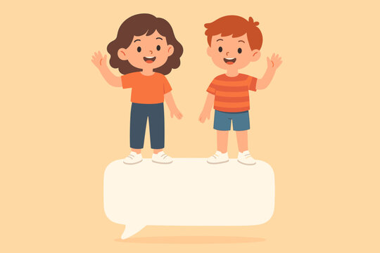 Happy cartoon boy and girl waving hello. Cute children friends standing on a large blank speech bubble. Vector illustration template with copy space for text. Childhood communication.