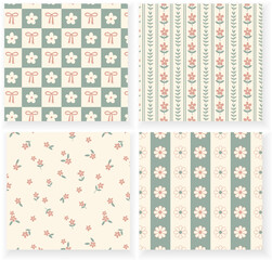 Set of seamless retro patterns with flowers, bows, and botanical stripes in soft pastel tones. Vintage wallpaper and textile design for home decor, packaging, stationery, fabric, and scrapbooking.