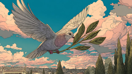 A dove soaring over a scenic cityscape, carrying an olive branch against a vibrant sky