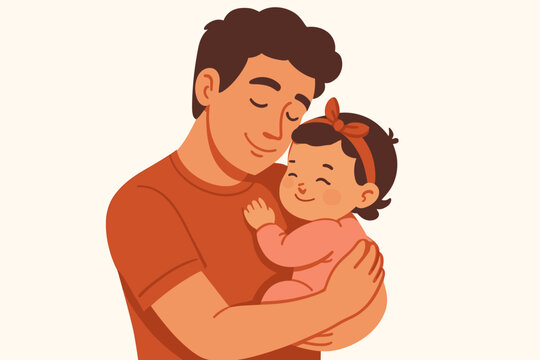Father holding his baby daughter in a loving embrace. Happy Father's Day concept. Vector illustration of parenthood, family love, and fatherhood. Caring dad cuddling newborn girl. - Powered by Adobe