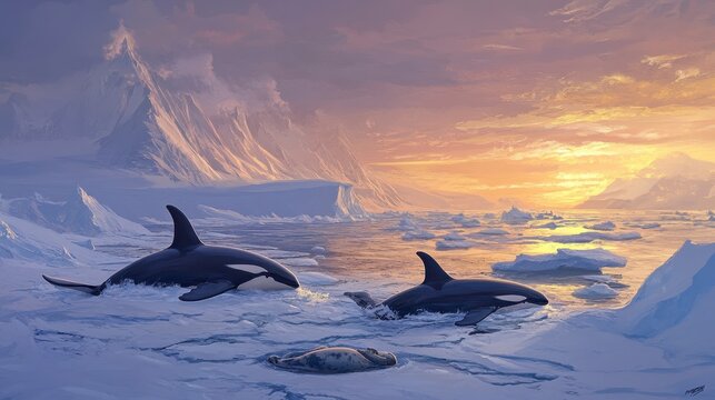 Two orcas swimming in icy arctic waters at sunset, near snow-covered mountains and icebergs.