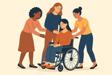 Women supporting women concept. Group of diverse female friends caring for a disabled woman in a wheelchair. Community, empathy, friendship, and inclusivity vector illustration.