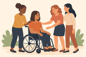 Diverse group of women supporting friend in wheelchair. Female friendship, solidarity, and empowerment concept. Inclusion and community care for disabled people. Vector illustration.