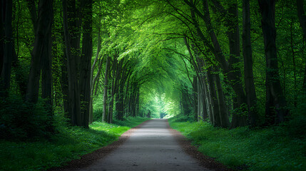 Obraz premium Walkway in a green spring beech forest in Leuven, Belgium. Beautiful natural tunnel
