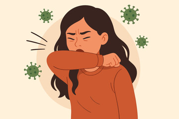 Sneezing woman covering mouth with elbow to prevent virus spread. Hygiene, flu prevention, respiratory infection, handwashing, cough etiquette, health care concept, pandemic illustration