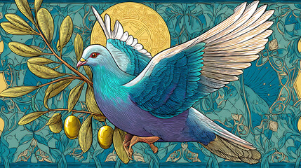 Colorful illustration of a dove in flight, surrounded by olive branches and intricate patterns