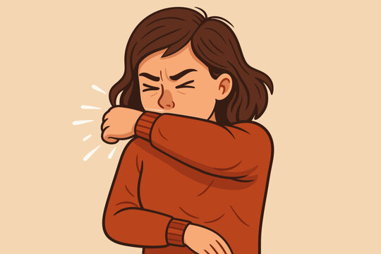 Cartoon Woman Coughing or Sneezing Into Elbow, Preventing Germ Spread, Hygiene Illustration, Cold and Flu Season, Concept for Illness Prevention, Health and Safety Vector Design