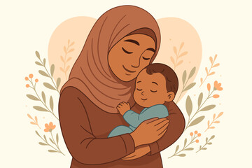 Muslim mother in hijab tenderly embracing sleeping baby, maternal love, parenthood, nurturing family, peaceful bond, floral background, caring mom and child affection illustration