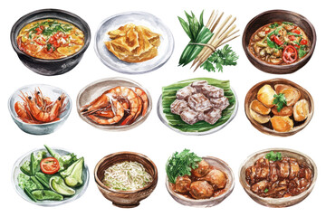 Colorful watercolor collection showcasing traditional Thai food items such as noodles, shrimp, and curries