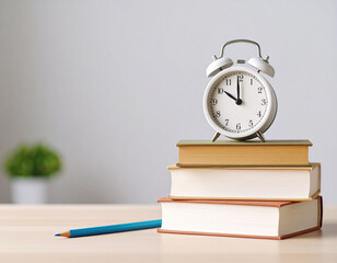 alarm clock on top of a pile of books, on the table. Concept of education, school, learning