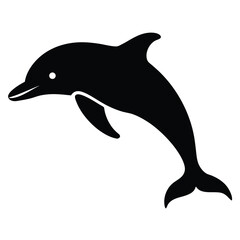 Simple black and white vector illustration of a playful swimming dolphin on white background