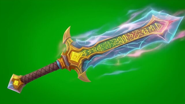 Isolated Magic Broadsword with Glowing Blade and Flowing Light Particles on Green Screen Ideal for VFX RPG Game Asset and Fantasy Theme Project