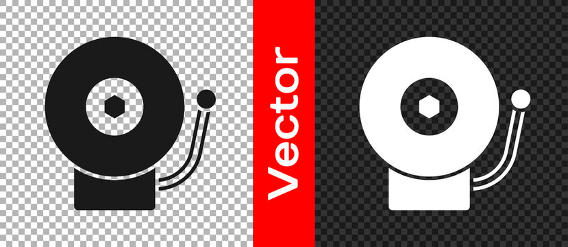 Black Ringing alarm bell icon isolated on transparent background. Alarm symbol, service bell, handbell sign, notification symbol. Vector