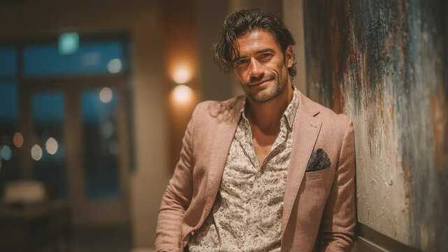 Stylish man in a suit posing confidently indoors with dim lighting and a smirk