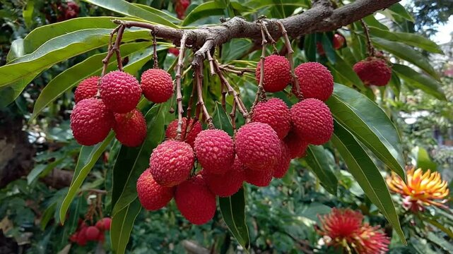 Ripe lychee fruit hanging from a lush green tree