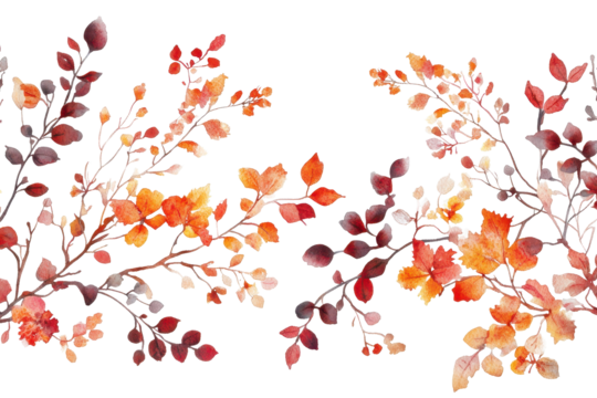 Seamless watercolor border featuring vibrant orange and red leaves inspired by autumn foliage, ideal for seasonal designs and decorative projects