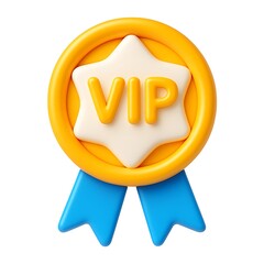 3d icon of golden vip badge with blue ribbon isolated on white background
