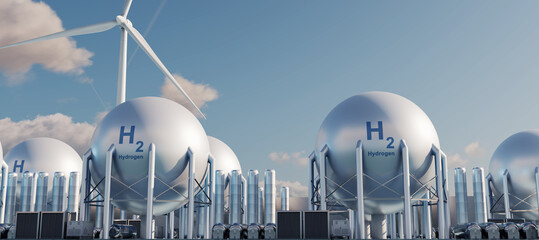 Advanced hydrogen production and storage facilities with spherical tanks and eco-friendly technologies. Glow effect. 3D illustration.