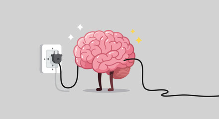 Anthropomorphized brain with arms and legs connected to an electrical outlet on a light gray background