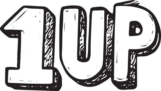 A hand-sketched "1UP" text, indicating an extra life in arcade games. Ideal for retro gaming art, gaming merchandise, and nostalgic designs
