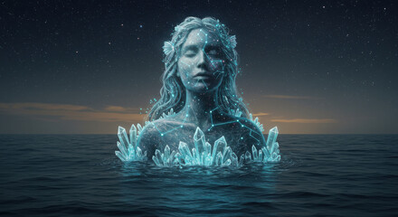 Cosmic water goddess rising from the ocean. cosmic mother deity concept.