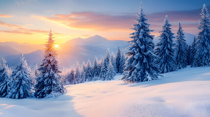 Winter landscape wallpaper with pine forest covered with snow and scenic sky at sunset
