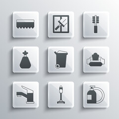 Set Vacuum cleaner, Dishwashing liquid bottle, Wet wipe pack, Trash can, Water tap, Garbage bag, Sponge and Toilet brush icon. Vector