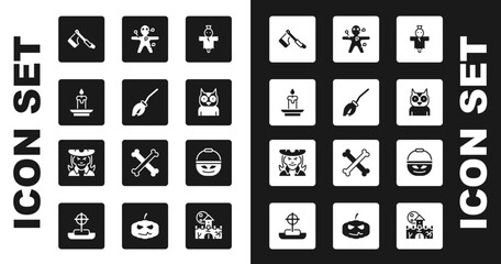 Set Scarecrow, Witches broom, Burning candle, Wooden axe, Owl bird, Voodoo doll, Pumpkin basket for sweets and icon. Vector