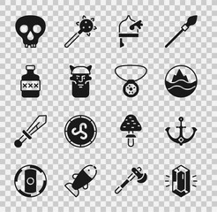 Set Gem stone, Anchor, Sea and waves, Viking in horned helmet, head, Whiskey bottle, Skull and Necklace with gem icon. Vector