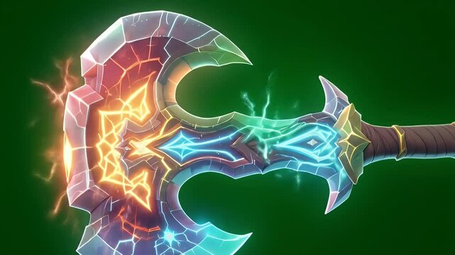 Magical Battle Axe with Lightning and Fire VFX Isolated on Green Screen Static Close Up Front View Perfect for Fantasy Visual Effects and Role Playing Games
