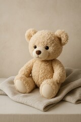 A soft, cuddly teddy bear sitting on a cozy blanket, evoking feelings of comfort and warmth. Its button eyes, soft fur, and endearing expression create a sense of innocence