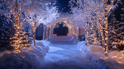 Winter wonderland photo booth with snowy background and illuminated trees