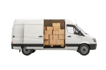 White cargo van with open doors reveals stacked boxes inside at a delivery location during daylight hours