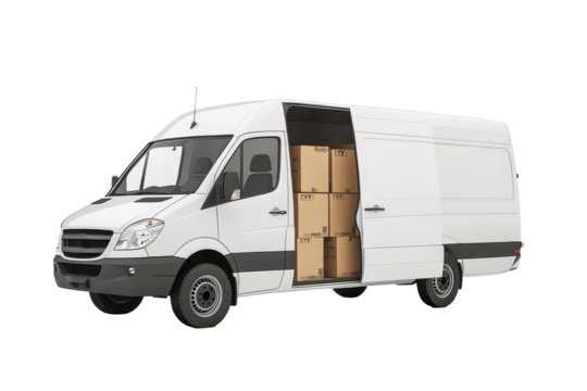 Open white cargo van loaded with cardboard boxes parked in a delivery area during day time presented at an urban location