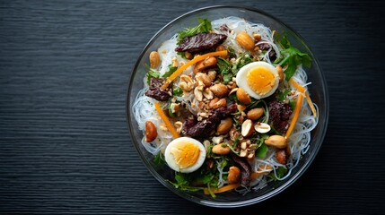 Vietnamese rice paper salad banh trang tron shredded mango beef jerky peanuts and quail eggs in clear bowl top down view