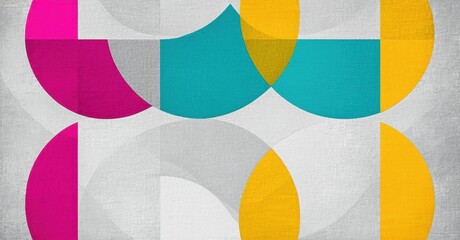 Obraz premium Abstract geometric composition. Overlapping circles create dynamic texture, using pink, teal, yellow hues over gray background. Modern design.