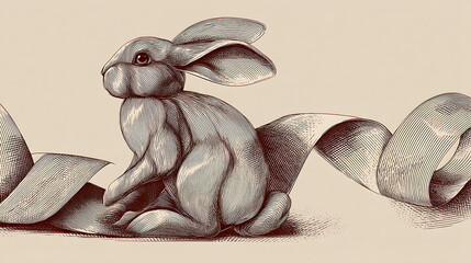 A whimsical illustration of a rabbit playfully interacting with a flowing ribbon on a soft background