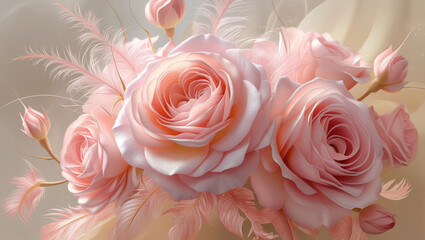 A pastel bouquet of pink roses and delicate feathers against a soft beige background art piece